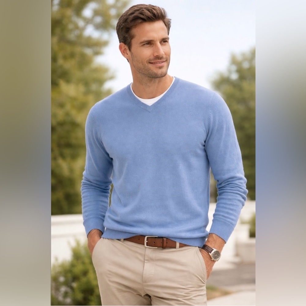 Daniel‎ Cremieux Mongolian Cashmere V-Neck Powder Blue Sweater Preppy Classic